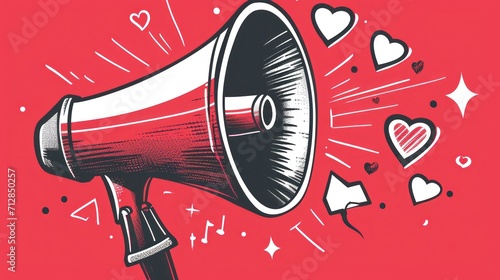 megaphone with valentines day hearts on red background
