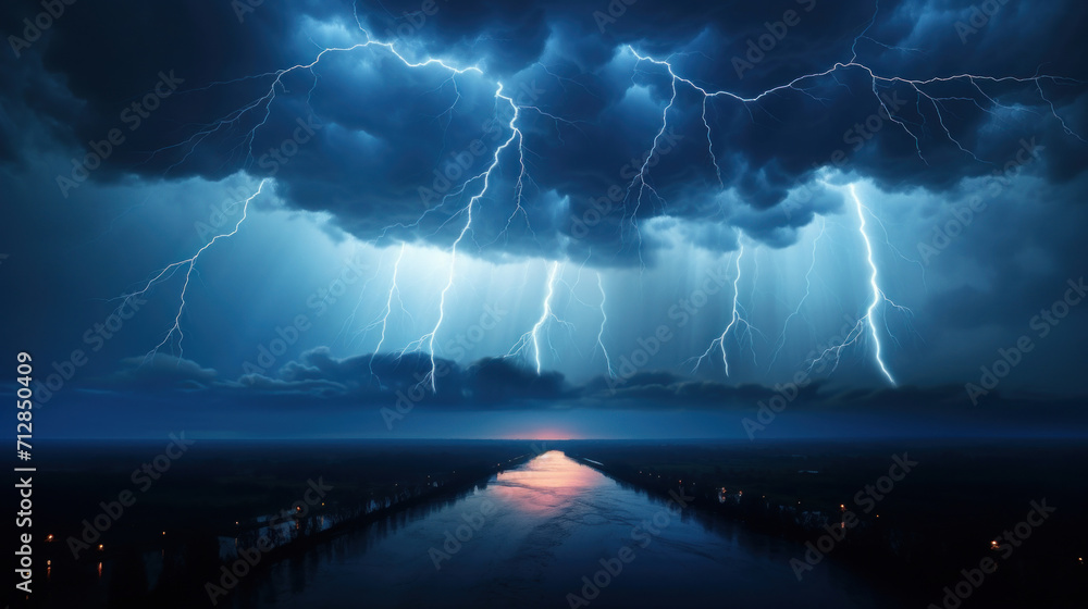 Majestic lightning bolts strike from a night sky, casting a glow over a ...