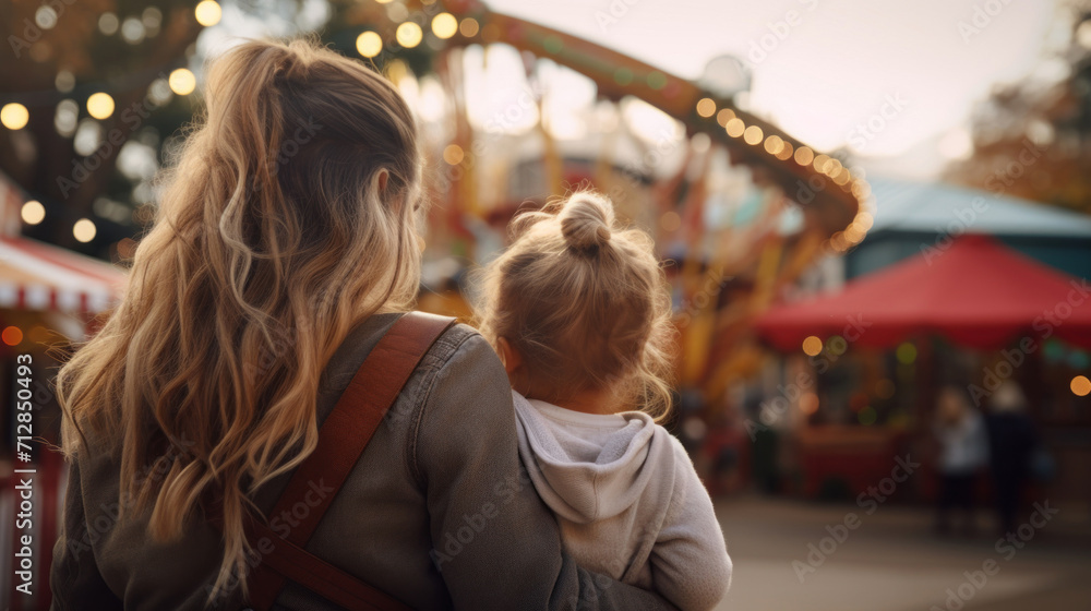 Back view of a mother and her young child watching an amusement park ride, sharing a moment of joy.