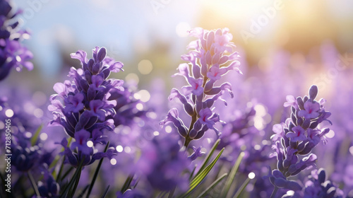 Lush lavender flowers bathed in warm sunlight  creating a soft and inviting atmosphere of tranquility.