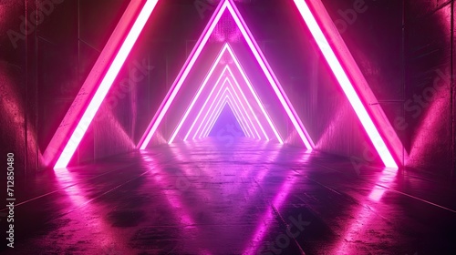 Neon light abstract background. Triangle tunnel or corridor sepia colors neon glowing lights. © morepiixel