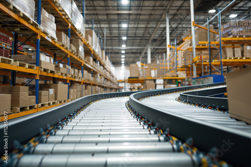 A conveyor belt system is used in sorting warehouse AI Generation