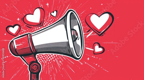 megaphone taking out valentines day hearts on red background. valentines day concept hd 4k photo