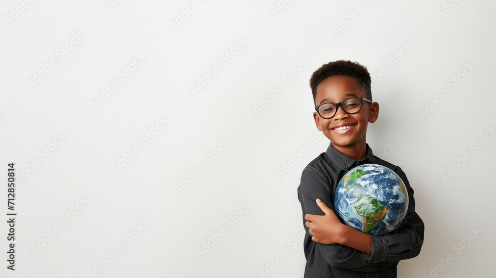 African american boy holding globe in hands. Smiling black child in glasses holding planet Earth. Schoolboy isolated on white with copy space. Ecology, Black History Month, Peace Day, Earth Day African american boy holding globe in hands. Smiling black child in glasses holding planet Earth. Schoolboy isolated on white with copy space. Ecology, Black History Month, Peace Day, Earth Day