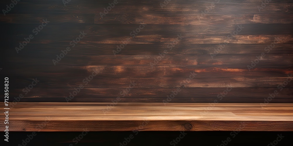 Wooden table on dark background, wooden floor shelf, studio background for displaying products. Wooden table on dark background, wooden floor shelf, studio background for displaying products.