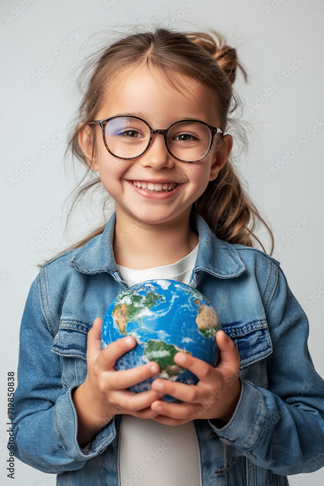 Girl holding a globe in hands. Smiling white kid in glasses holding the planet Earth. Geography, Ecology, Save the world, Earth Day concept. Girl holding a globe in hands. Smiling white kid in glasses holding the planet Earth. Geography, Ecology, Save the world, Earth Day concept.