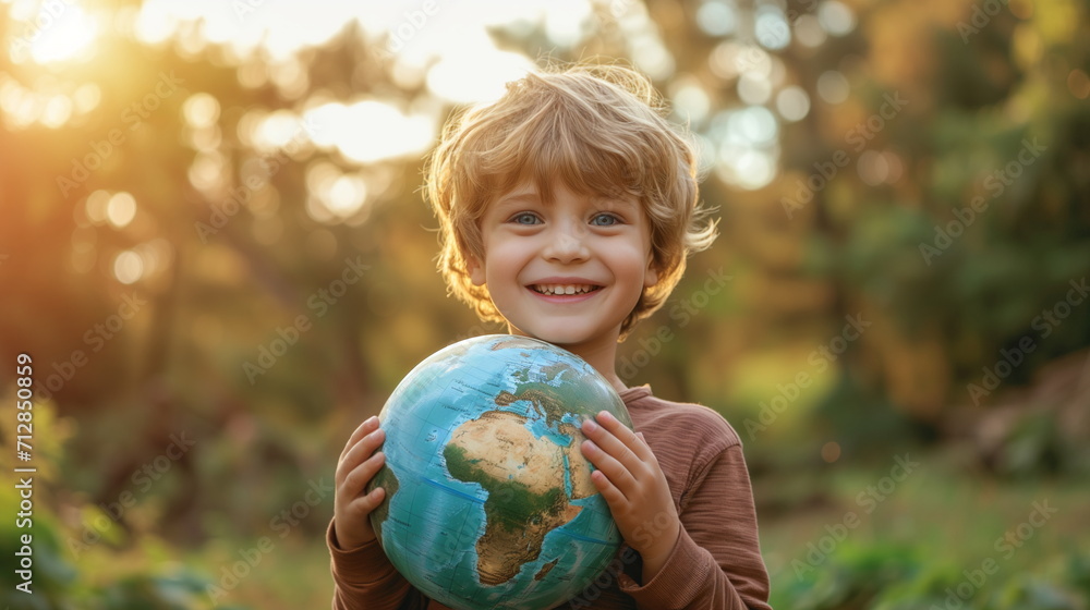Fototapeta premium Smiling boy holding planet Earth standing in forest. White Kid with globe in his hands. Geography, Ecology, Save the world, Earth Day concept.