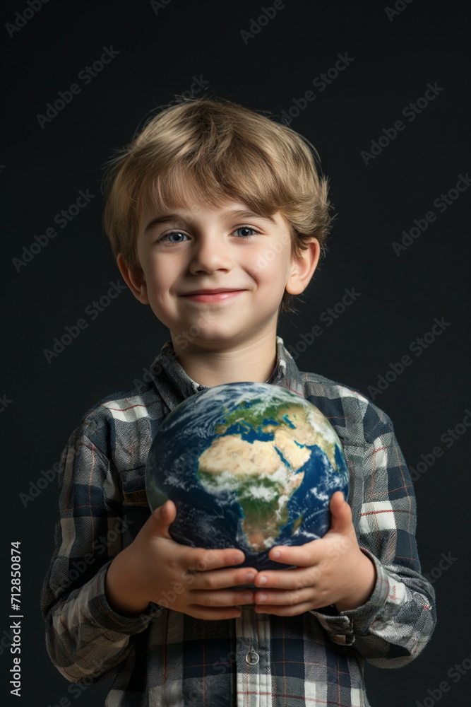 Boy holding a globe in his hands. Smiling white kid holding planet Earth on black background. Geography, Ecology, Save the world, Earth Day concept. Boy holding a globe in his hands. Smiling white kid holding planet Earth on black background. Geography, Ecology, Save the world, Earth Day concept.