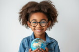 African american girl holding a globe in his hands. Smiling child in glasses holding planet Earth, Schoolgirl isolated on white background with copy space. Ecology, Peace Day, Earth Day concept