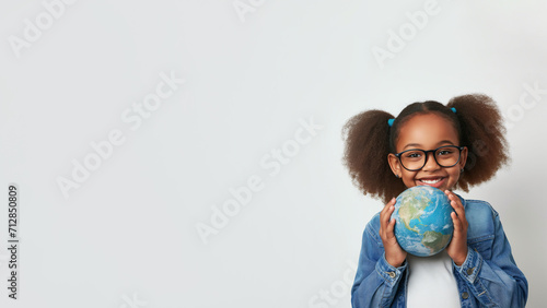 African american girl holding globe in hands. Smiling black child in glasses holding planet Earth. School girl isolated on white background with copy space. Black History Month, Peace Day, Earth Day