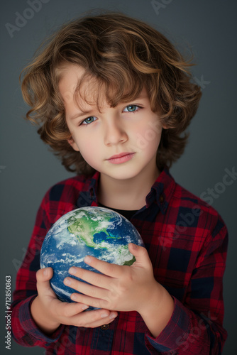 Boy holding a globe in his hands. Smiling white kid holding the planet Earth on grey background. Geography, Ecology, Save the world, Earth Day concept.