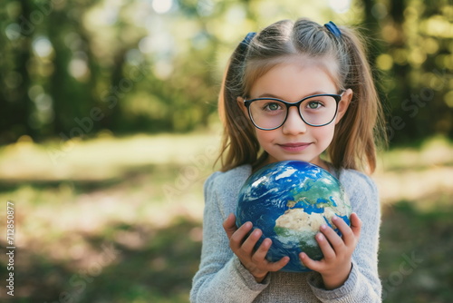 Smiling girl holding planet Earth standing in forest. Schoolgirl with globe in his hands. Geography, Ecology, Save the world, Earth Day concept.