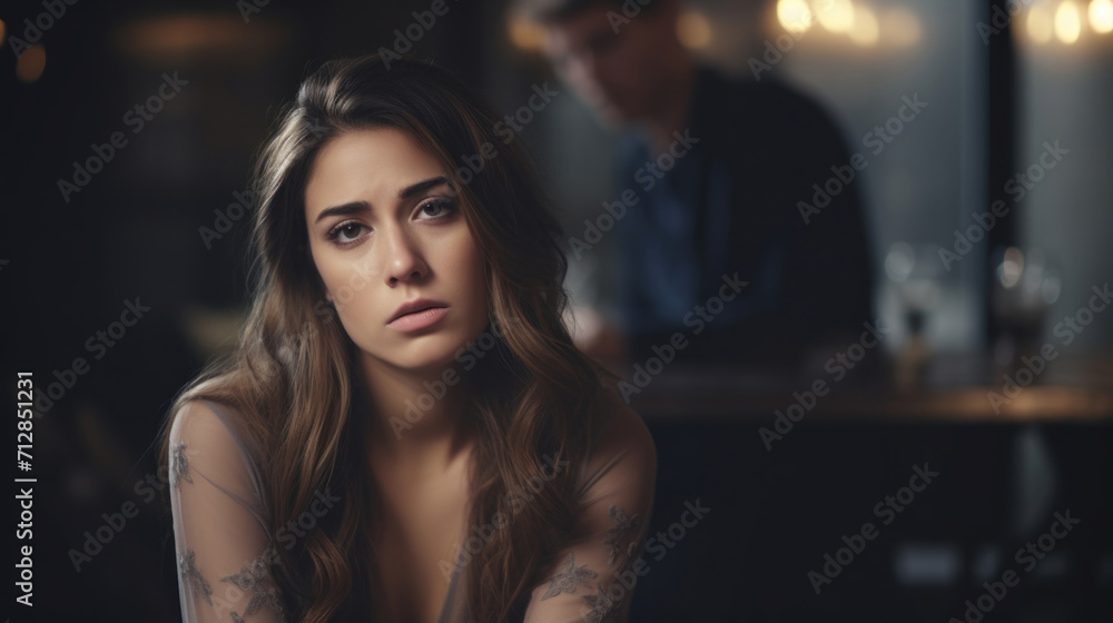 Naklejka premium Portrait of a pensive young woman with a man in the background in a dimly lit bar.