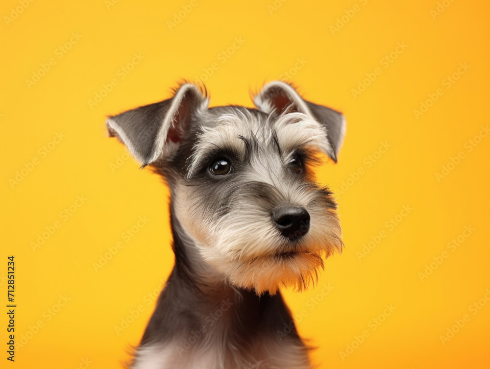 Portrait of a young Schnauzer puppy with a quizzical look, set against a vibrant yellow background, showcasing its personality.