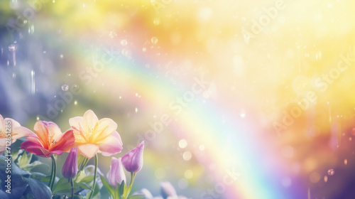 Rain-kissed spring flowers illuminated by sunlight with a faint rainbow in the background.
