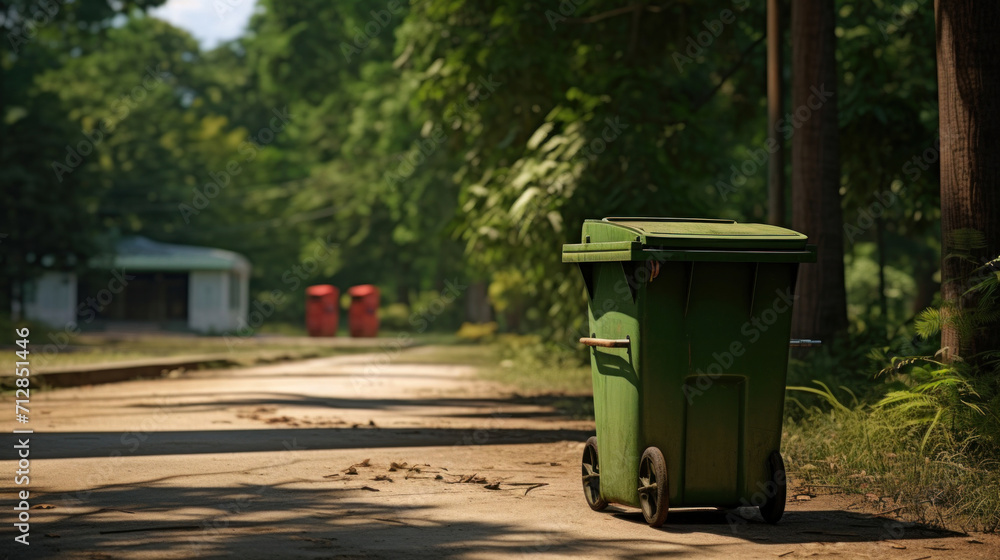 A lone green waste container stands on an empty suburban street lined with trees, highlighting the importance of proper waste management. A lone green waste container stands on an empty suburban street lined with trees, highlighting the importance of proper waste management.