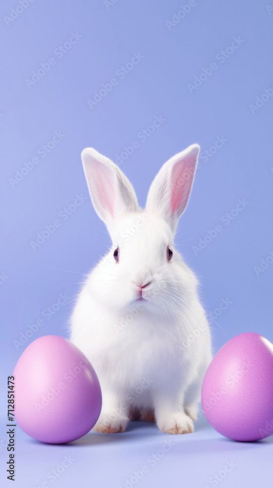 Adorable white bunny with purple Easter eggs on a blue background.
