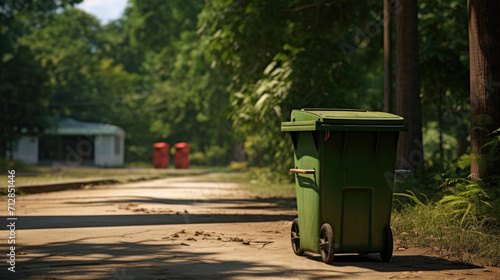 A lone green waste container stands on an empty suburban street lined with trees, highlighting the importance of proper waste management.