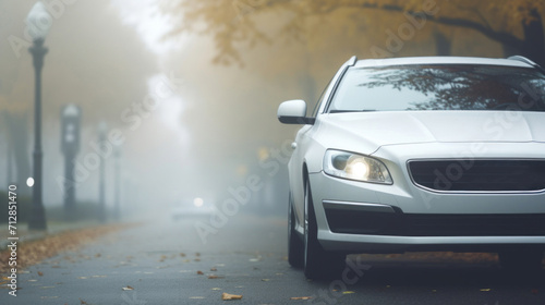 A white car parked on a serene, foggy street in a residential area, with autumn leaves scattered on the road. © tashechka