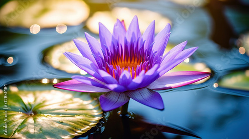A single purple water lily blooms on tranquil water, with reflections of light.