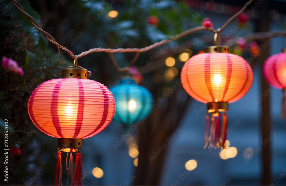 Colorful Chinese New Year Lanterns on temple cozy evening with copy space wallpaper Colorful Chinese New Year Lanterns on temple cozy evening with copy space wallpaper