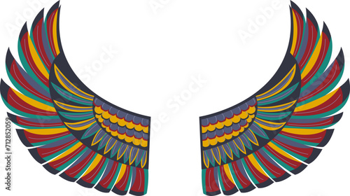 Colorful feathered wings on white background. Mythical bird wings for costume design. Fantasy, magic, and fairytale vector illustration.