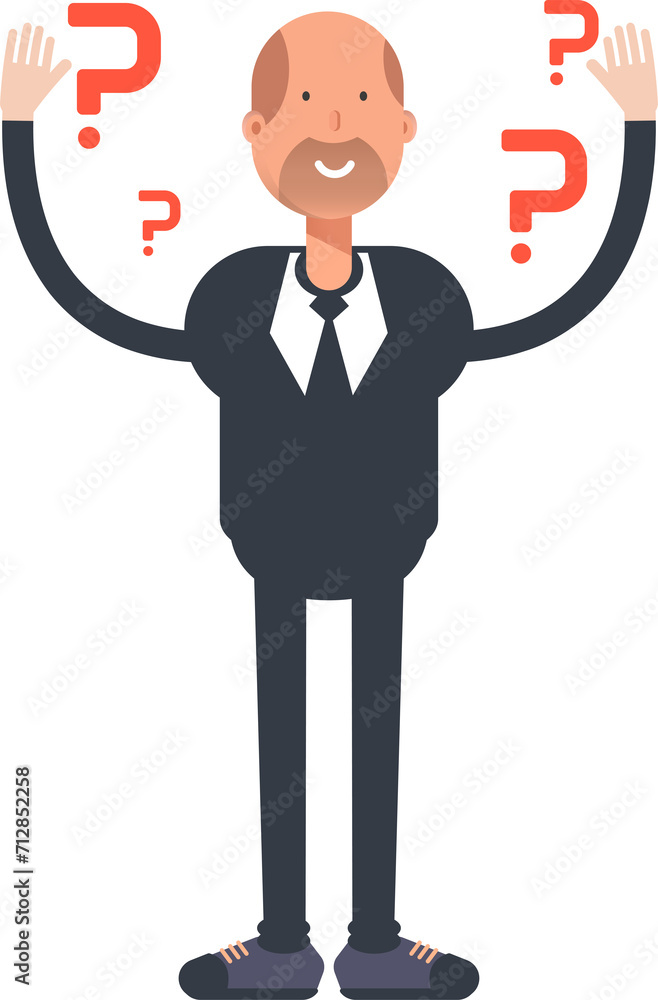 Old Businessman Character and Question Marks
