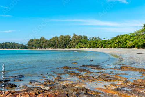 The dreamlike beach named Ao Yai on the island of Ko Phayam. Ao Yai is the largest bay on the west coast, about 3 km long. There are several tourist resorts under the trees on the beach