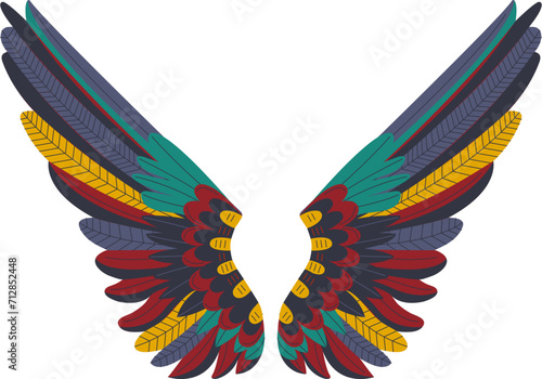 Colorful bird wings spread in flight. Vibrant feathers of red, yellow, green, and blue. Mythical wingspan design vector illustration.