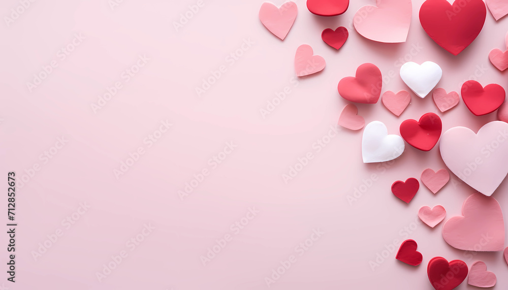 Red heart shape on pink background with copy space, Valentine’s day greeting card