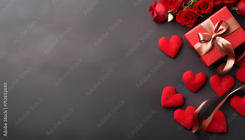 Red heart shape, rose and gift box on black background with copy space, Valentine’s day greeting card Red heart shape, rose and gift box on black background with copy space, Valentine’s day greeting card