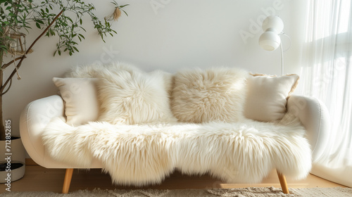 ozy cute sofa with white furry sheepskin fluffy throw and pillows against wall with copy space. Hygge, scandinavian home interior design of modern living room