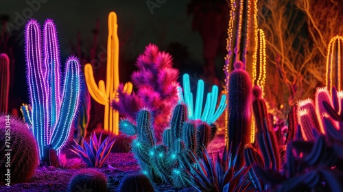 A neon cactus garden with each ly plant outlined in a different electric color photo