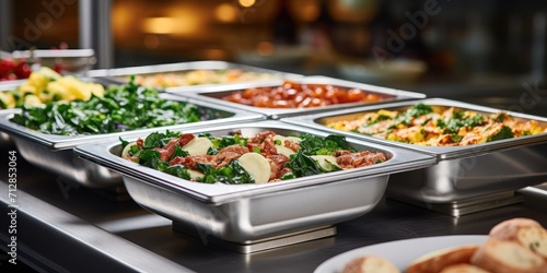 Hotel breakfast buffet with eggs and spinach in heating trays. photo