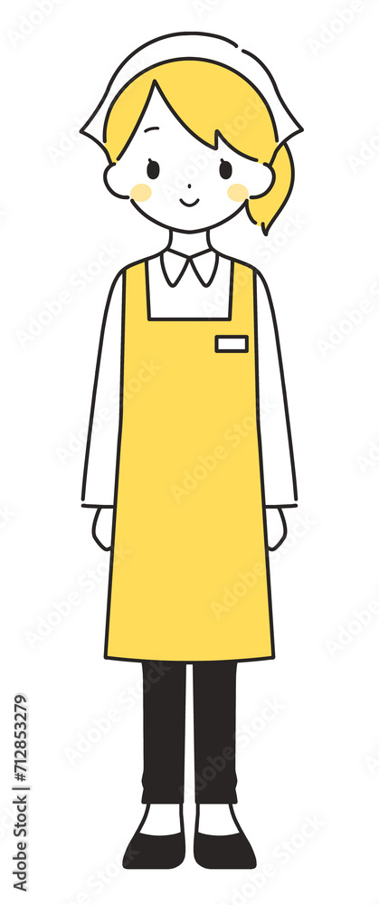 黄色｜笑顔の三角巾をした女性店員｜エプロン