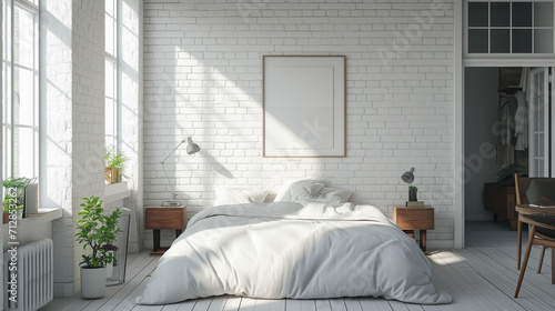 白色の内装のベッドルーム　インテリアイメージ photo