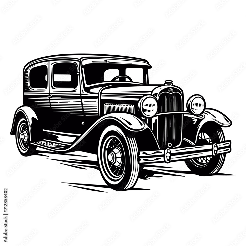 Retro car woodcut style drawing vector illustration