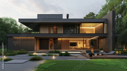 Modern luxury minimalist cubic house, villa with wooden cladding and black panel walls and landscaping design front yard. Residential architecture exterior © midart