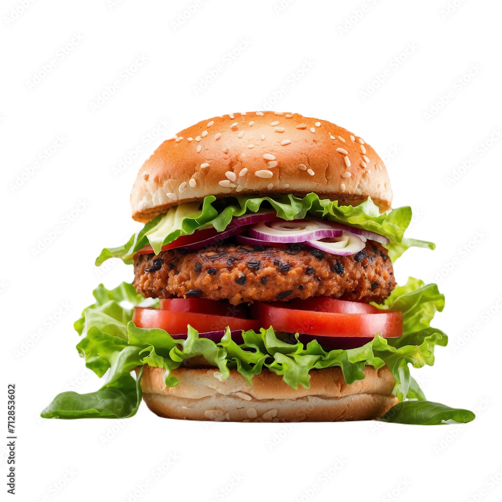 Isolated fresh beef burger on a white background, Single gourmet beef burger with toppings Isolated fresh beef burger on a white background, Single gourmet beef burger with toppings