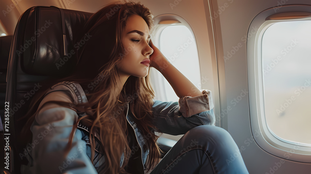 woman sitting in an airplane seat looking out the window