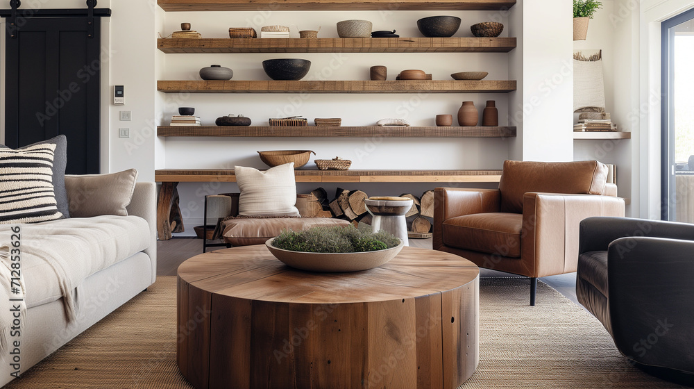 Round wood coffee table between brown leather chair and ottoman against sofa. Wall with floating shelves. Country farmhouse home interior design of modern living room Round wood coffee table between brown leather chair and ottoman against sofa. Wall with floating shelves. Country farmhouse home interior design of modern living room