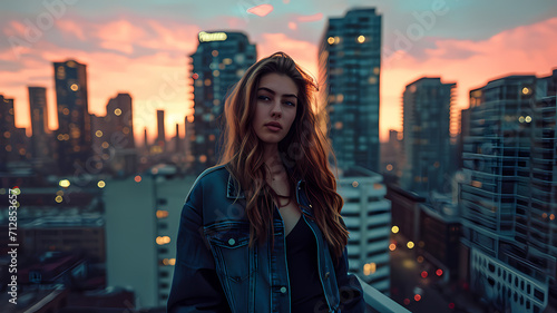 woman standing on the rooftop of a tall building with city skyline in the background