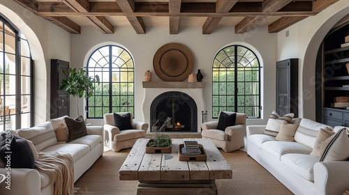 Rustic coffee table between sofa and chairs against fireplace and arched windows. Mediterranean modern cottage style home interior design of modern living room