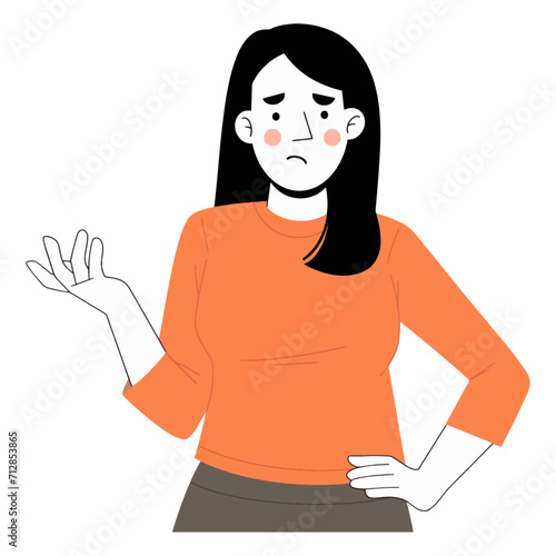 Vector illustration of woman gesturing confusion, doubt, sadness