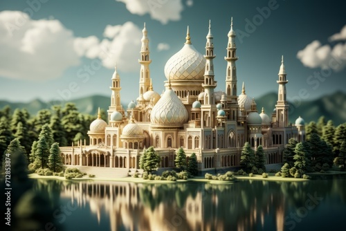 Ramadan Kareem Mosque with Traditional Architecture, on an isolated Mosque Green background, Generative AI © Box Milk