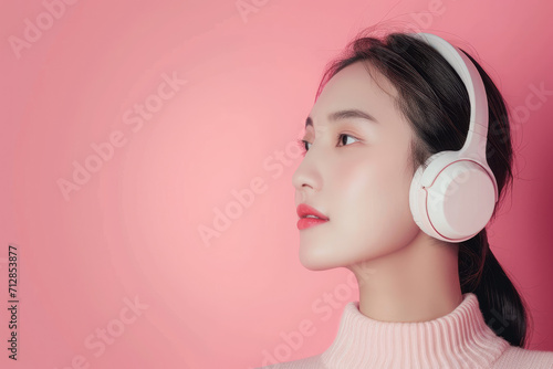 portrait of A beautiful Asian woman wearing white headphones against a pink pastel background