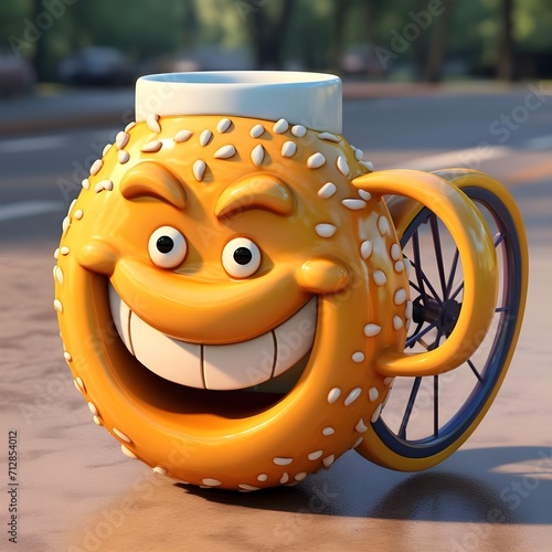 3D cartoon coffee mug design of cycling donut with smile emotion