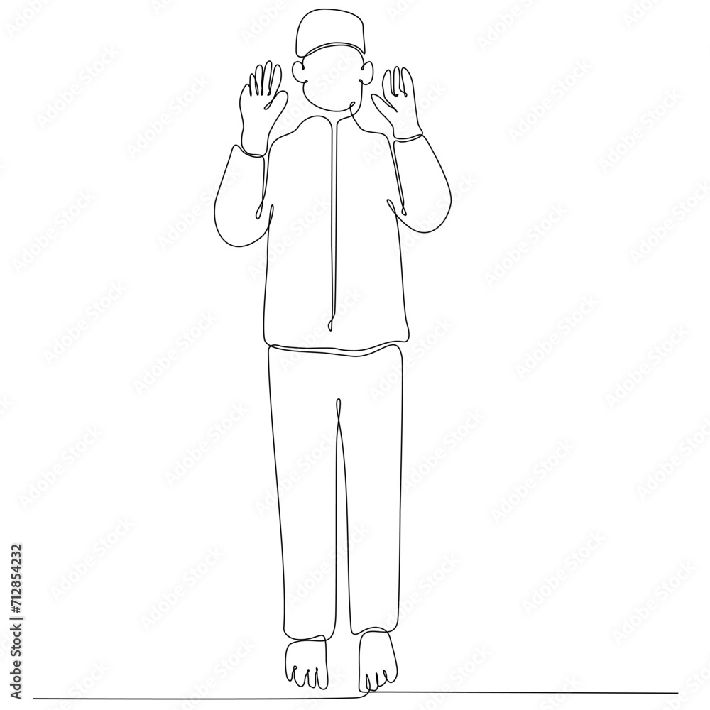 Continuous line drawing of islamic muslim man praying with prostration ...