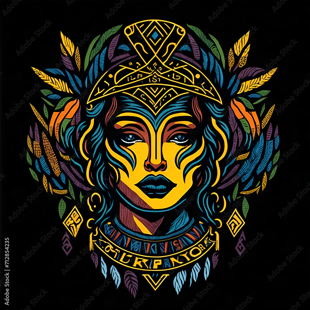 Fototapeta premium colorful tribal art and folklore illustration on dark backround 