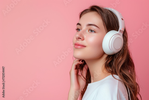 portrait of A beautiful woman wearing white headphones against a pink pastel background